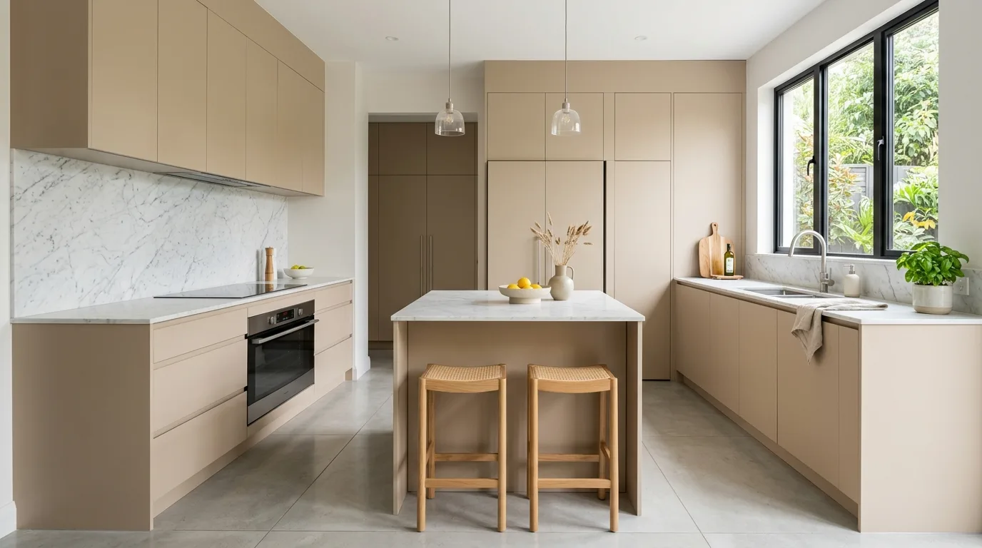 Bring in wood accents to deepen the neutral palette inspiration for a beige kitchen.